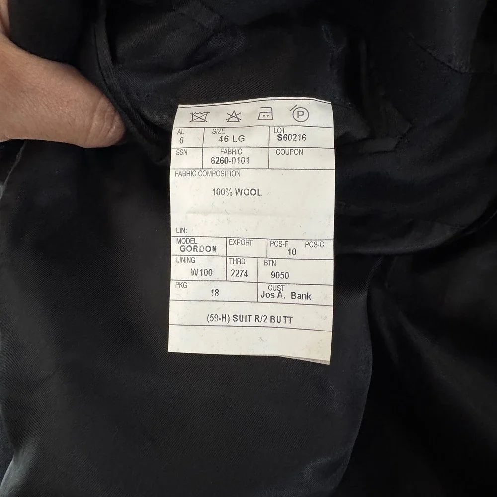 Jos A‎ Bank Signature Collection Black Wool Suit 46L Gordon Model Vintage